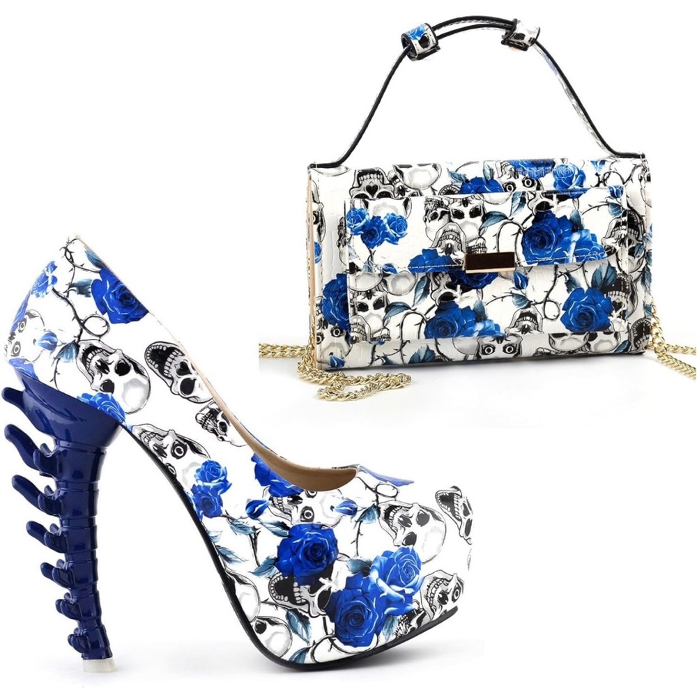 Ladies Skull Rose Print Platform Bone high Heel Party Club Pumps, new